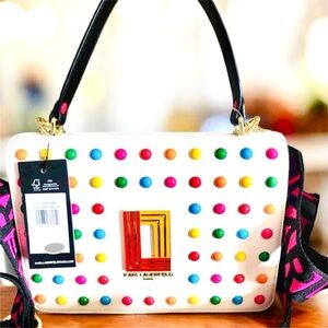 Karl Lagerfeld Paris Simone Leather Crossbody Multi Color Dots Purse Handbag NWT